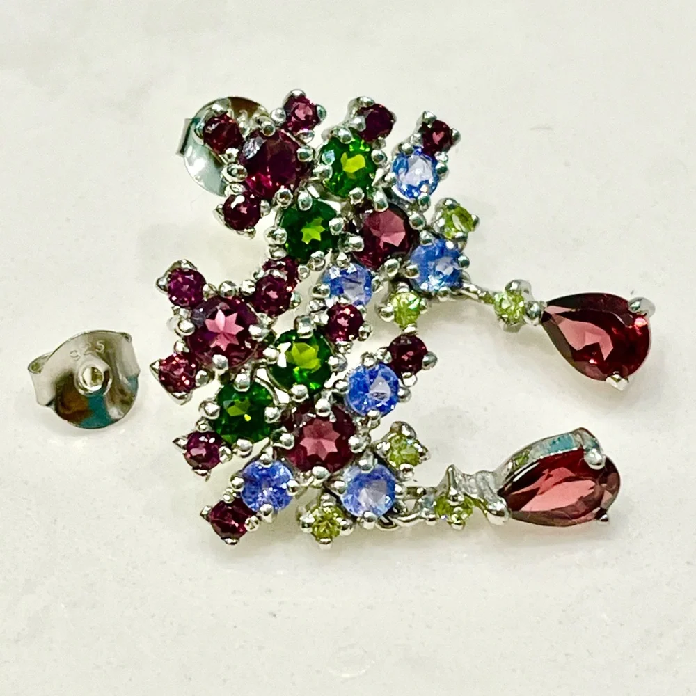 Garnet Aquamarine Peridot   Chrome diopside 14KGP Earrings